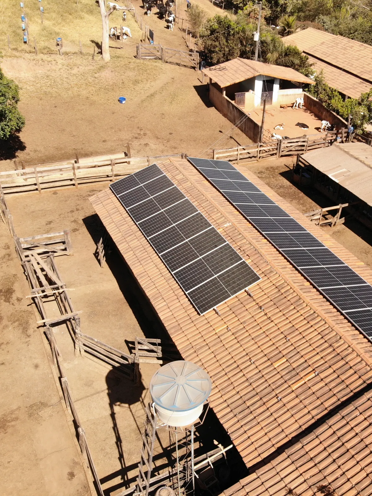 Curral com painéis solares no telhado e caixa d'água, obra Bolt