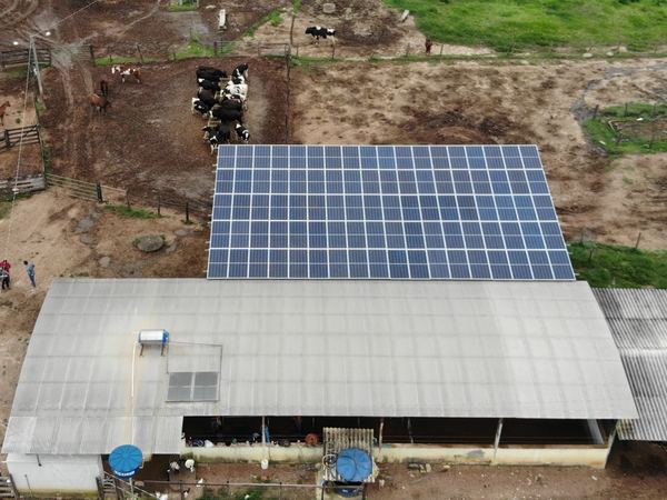 Vista aérea: estábulo com cobertura solar com painéis solares instalados pela Bolt Solar