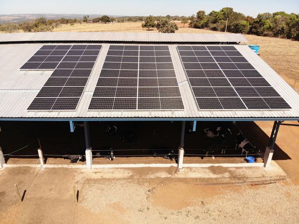 Vista aérea: galpão aberto no pasto com painéis solares instalados pela Bolt Solar